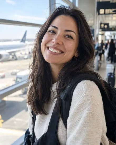 A traveller at an airport gate, an aircraft on the stand behind her