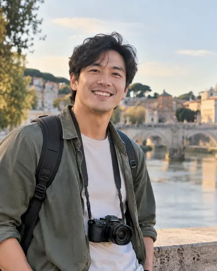 A traveller with a camera on a river bridge, a domed church behind
