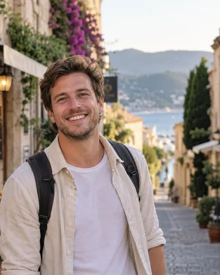 A traveller on a village street of cafes and cobbles